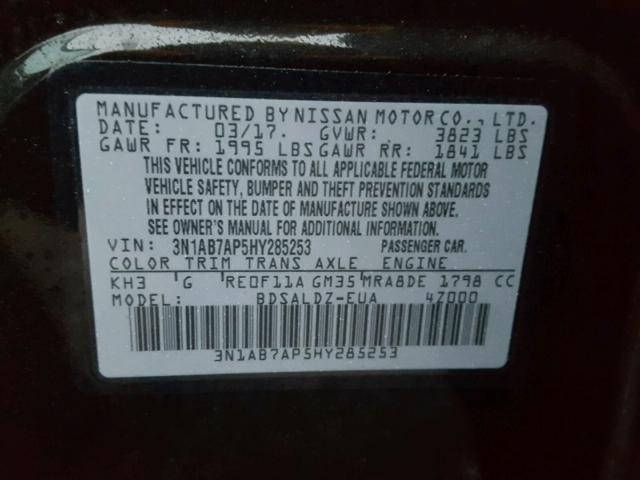 3N1AB7AP5HY285253 - 2017 NISSAN SENTRA BLACK photo 10