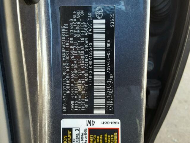 4T4BF3EK9BR155579 - 2011 TOYOTA CAMRY BASE GRAY photo 10