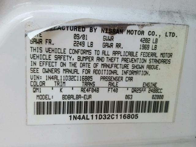 1N4AL11D32C116805 - 2002 NISSAN ALTIMA BAS WHITE photo 10