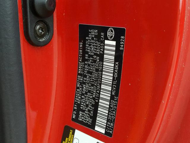 4T1FA38P05U061600 - 2005 TOYOTA CAMRY SOLA RED photo 10