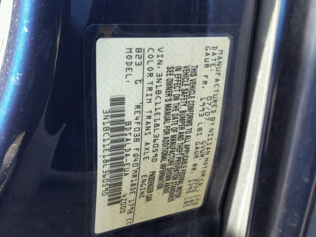 3N1BC11E18L360590 - 2008 NISSAN VERSA S BLUE photo 10