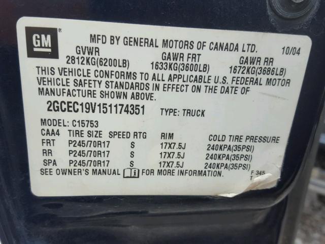 2GCEC19V151174351 - 2005 CHEVROLET SILVERADO BLUE photo 10