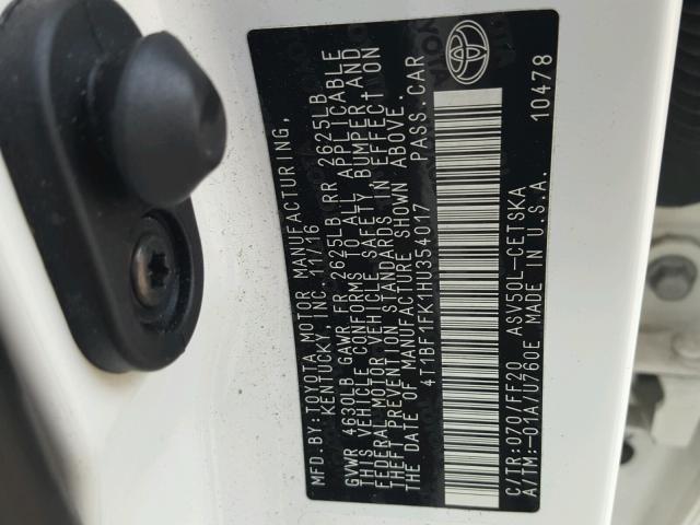 4T1BF1FK1HU354017 - 2017 TOYOTA CAMRY LE 白色 照片 10