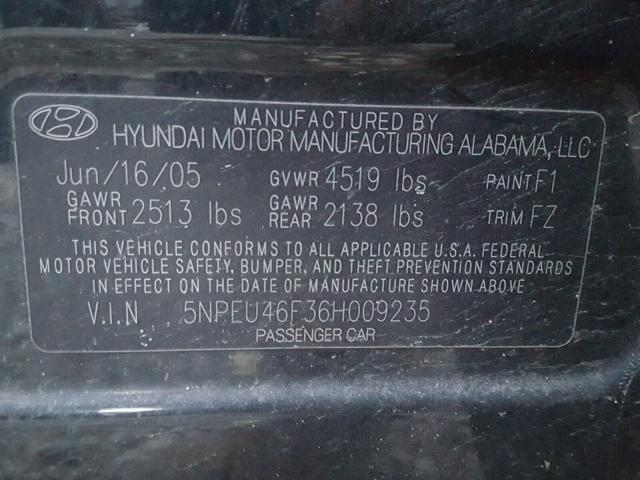 5NPEU46F36H009235 - 2006 HYUNDAI SONATA GLS BLACK photo 10