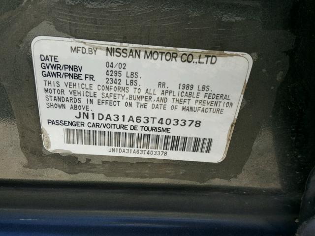 JN1DA31A63T403378 - 2003 NISSAN MAXIMA GLE GRAY photo 10