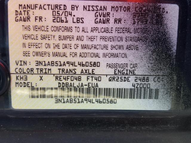 3N1AB51A94L460580 - 2004 NISSAN SENTRA 2.5 BLACK photo 10