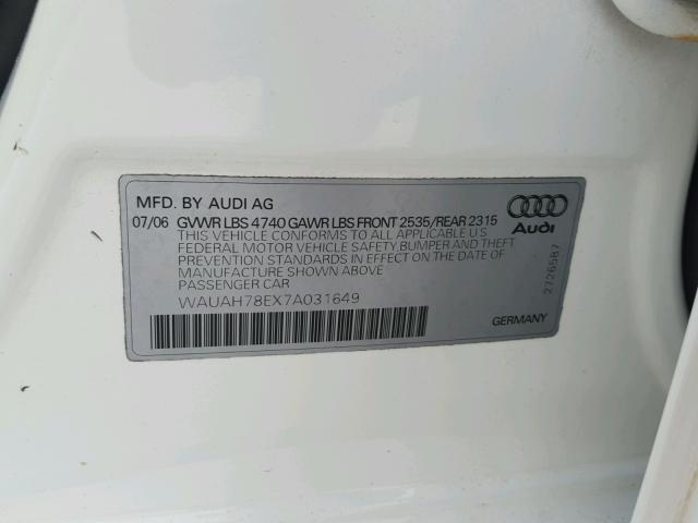 WAUAH78EX7A031649 - 2007 AUDI A4 3.2 WHITE photo 10