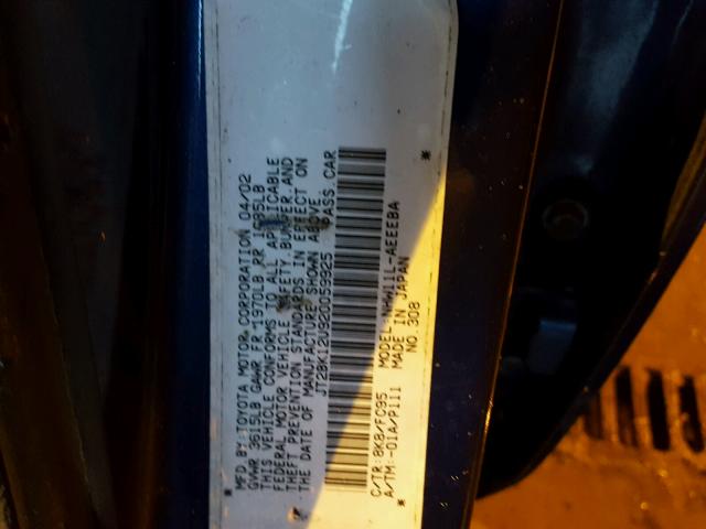 JT2BK12U920059925 - 2002 TOYOTA PRIUS BLUE photo 10