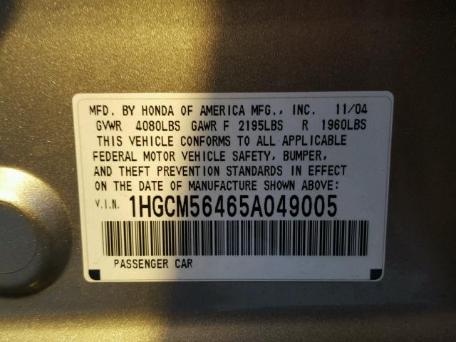 1HGCM56465A049005 - 2005 HONDA ACCORD LX GOLD photo 10