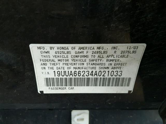 19UUA66234A021033 - 2004 ACURA TL BLACK photo 10