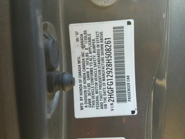 2HGFG12928H508261 - 2008 HONDA CIVIC EXL GRAY photo 10