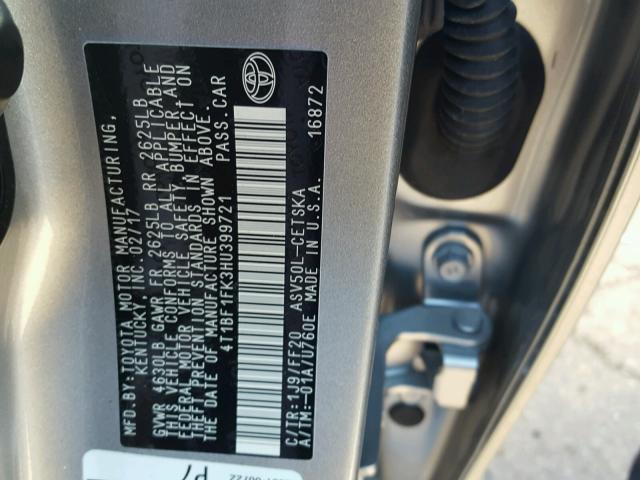 4T1BF1FK3HU399721 - 2017 TOYOTA CAMRY LE ვერცხლისფერი ფოტო 10