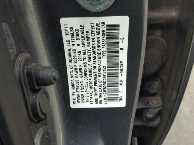 19XFB2F87CE017452 - 2012 HONDA CIVIC EX CHARCOAL photo 10