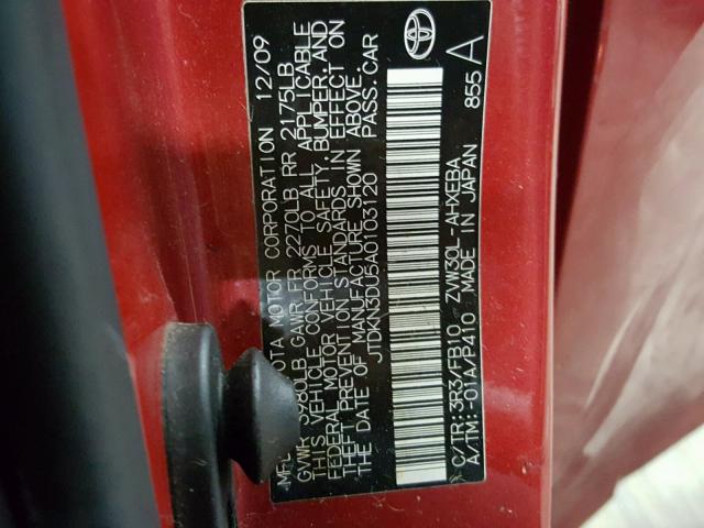 JTDKN3DU5A0103120 - 2010 TOYOTA PRIUS RED photo 10