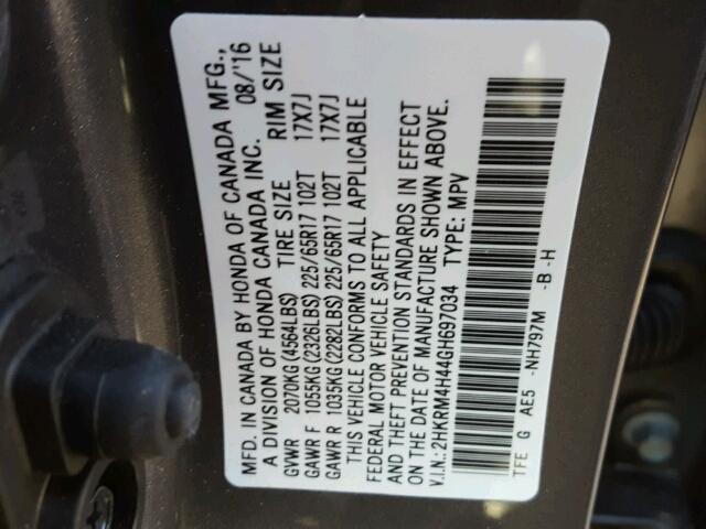 2HKRM4H44GH697034 - 2016 HONDA CR-V SE GRAY photo 10