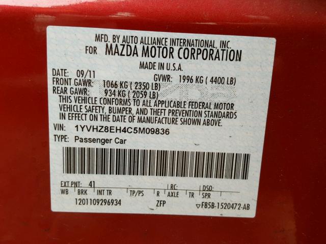 1YVHZ8EH4C5M09836 - 2012 MAZDA 6 I RED photo 10