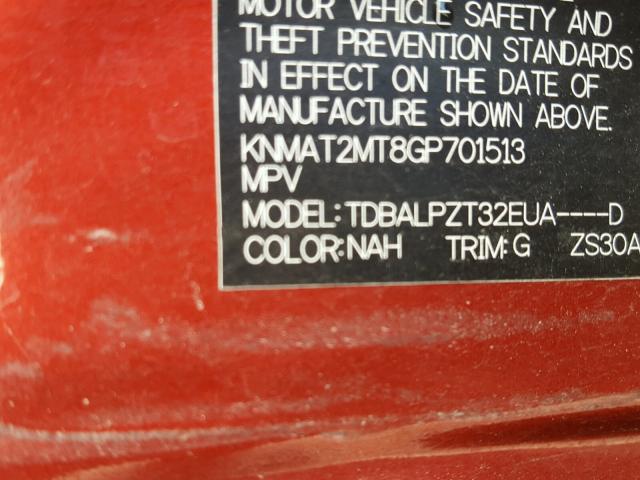 KNMAT2MT8GP701513 - 2016 NISSAN ROGUE S RED photo 10