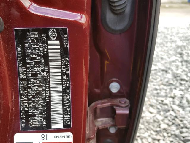 4T1BK1EB5HU257190 - 2017 TOYOTA AVALON XLE BURGUNDY photo 10