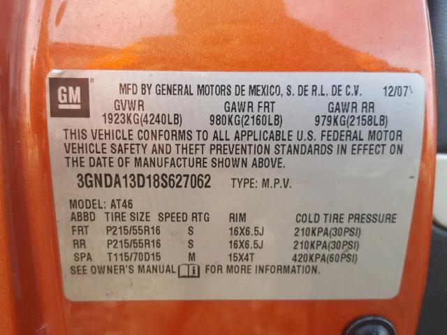 3GNDA13D18S627062 - 2008 CHEVROLET HHR LS Naranja foto 10