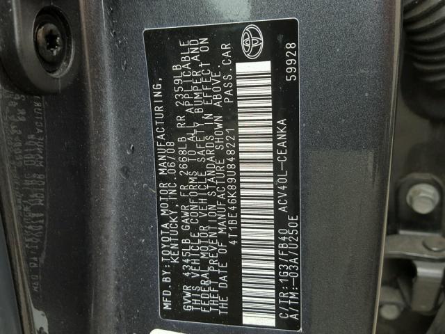 4T1BE46K89U848221 - 2009 TOYOTA CAMRY BASE CHARCOAL photo 10