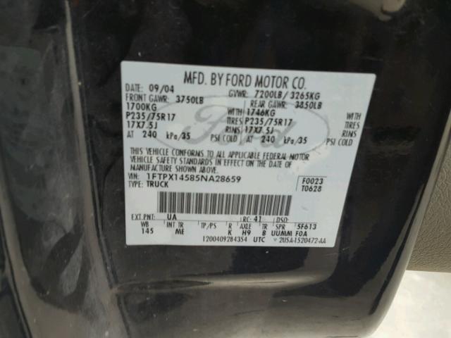 1FTPX14585NA28659 - 2005 FORD F150 BLACK photo 10