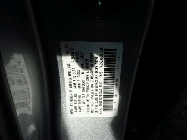 1HGCR2F55DA019517 - 2013 HONDA ACCORD SPO SILVER photo 10