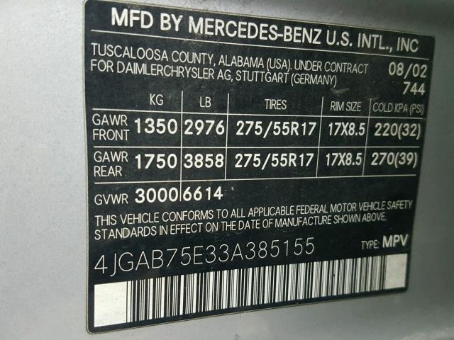 4JGAB75E33A385155 - 2003 MERCEDES-BENZ ML 500 TAN photo 10