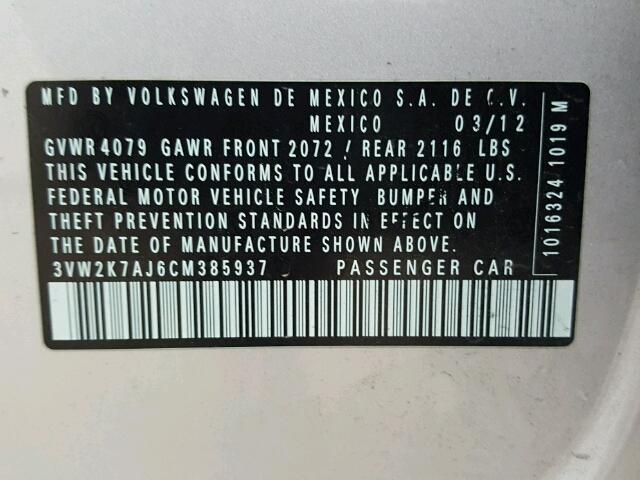 3VW2K7AJ6CM385937 - 2012 VOLKSWAGEN JETTA BASE Արծաթագույն լուսանկար 10