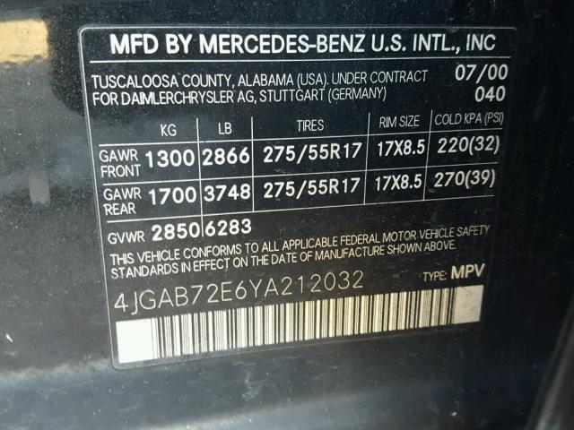 4JGAB72E6YA212032 - 2000 MERCEDES-BENZ ML 430 BLACK photo 10