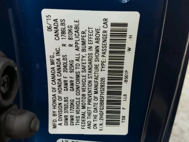 2HGFG3B85FH528326 - 2015 HONDA CIVIC EX ლურჯი ფოტო 10