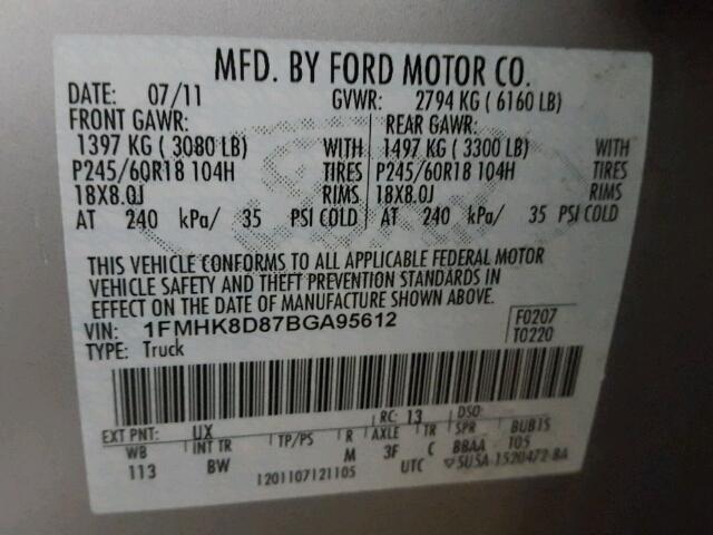 1FMHK8D87BGA95612 - 2011 FORD EXPLORER X SILVER photo 10