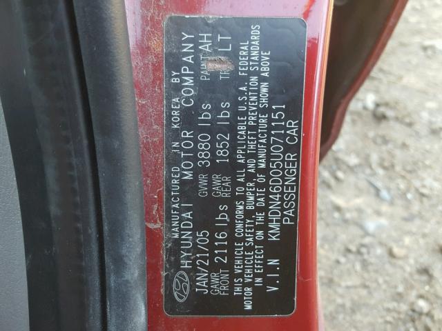 KMHDN46D05U071151 - 2005 HYUNDAI ELANTRA GL MAROON photo 10