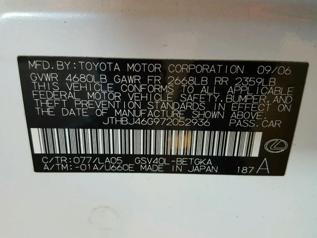 JTHBJ46G972052936 - 2007 LEXUS ES 350 WHITE photo 10