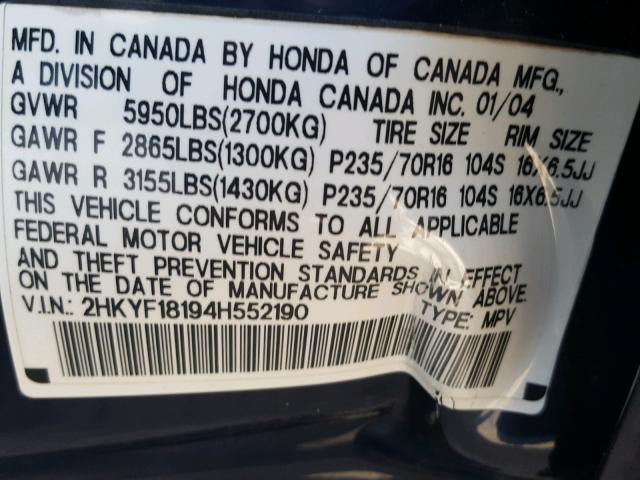 2HKYF18194H552190 - 2004 HONDA PILOT LX BLUE photo 10