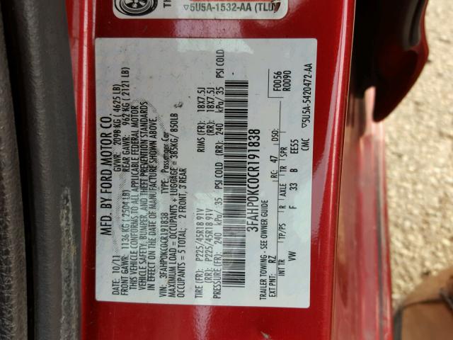 3FAHP0KC0CR191838 - 2012 FORD FUSION SPO RED photo 10