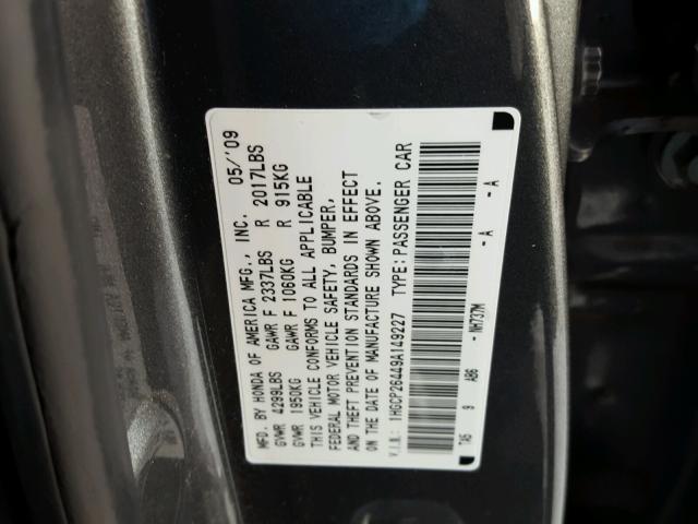 1HGCP26449A149227 - 2009 HONDA ACCORD LXP CHARCOAL photo 10