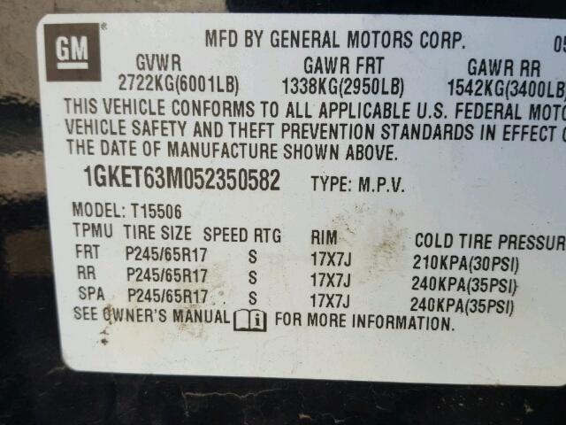 1GKET63M052350582 - 2005 GMC ENVOY DENA BLACK photo 10