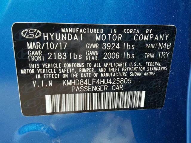 KMHD84LF4HU425805 - 2017 HYUNDAI ELANTRA SE BLUE photo 10