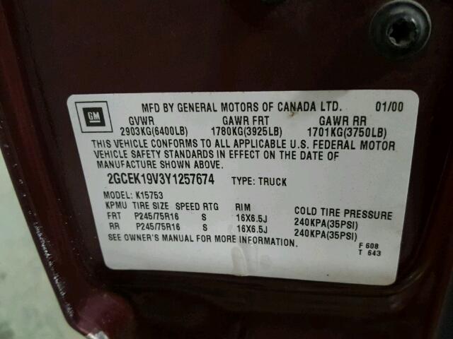 2GCEK19V3Y1257674 - 2000 CHEVROLET SILVERADO MAROON photo 10