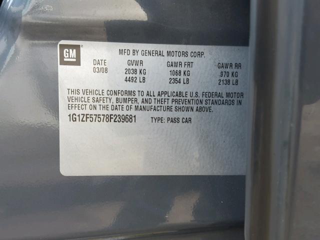 1G1ZF57578F239681 - 2008 CHEVROLET MALIBU HYB ნაცრისფერი ფოტო 10