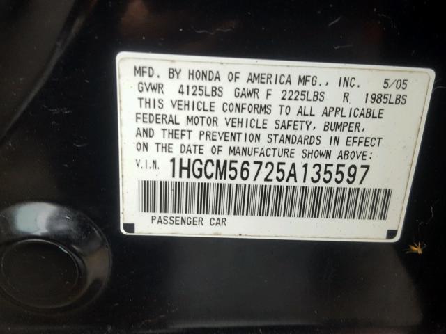 1HGCM56725A135597 - 2005 HONDA ACCORD EX BLACK photo 10