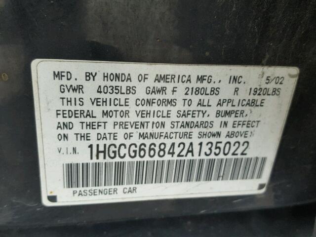 1HGCG66842A135022 - 2002 HONDA ACCORD EX BLACK photo 10