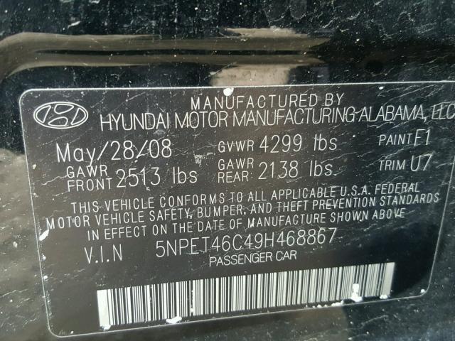 5NPET46C49H468867 - 2009 HYUNDAI SONATA GLS BLACK photo 10