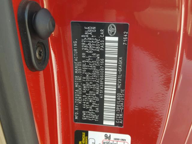 4T1FA38P66U087166 - 2006 TOYOTA CAMRY SOLA RED photo 10