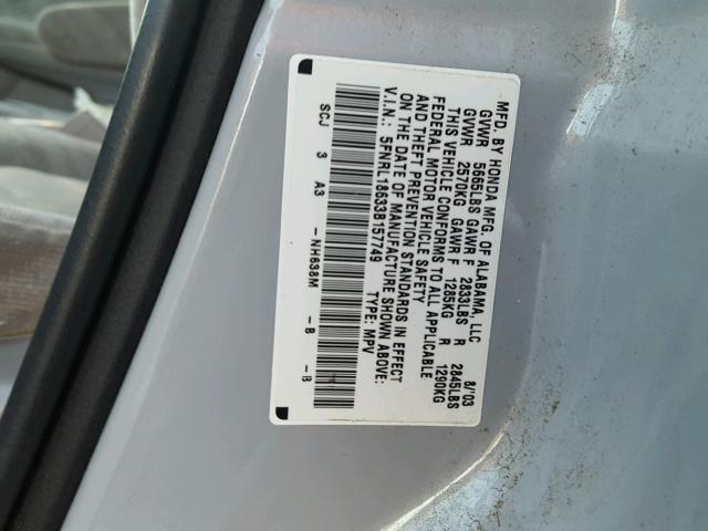 5FNRL18633B157749 - 2003 HONDA ODYSSEY EX SILVER photo 10