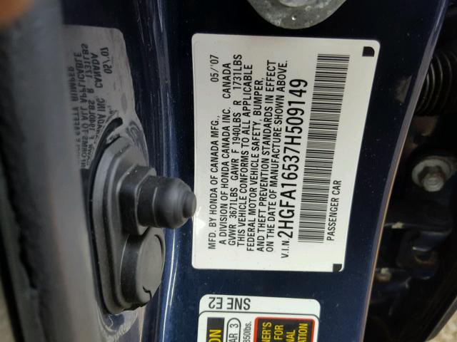 2HGFA16537H509149 - 2007 HONDA CIVIC LX BLUE photo 10