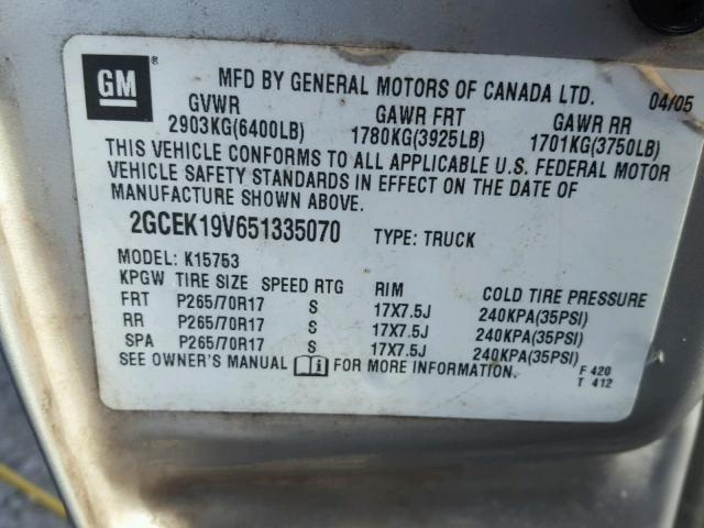 2GCEK19V651335070 - 2005 CHEVROLET SILVERADO SILVER photo 10