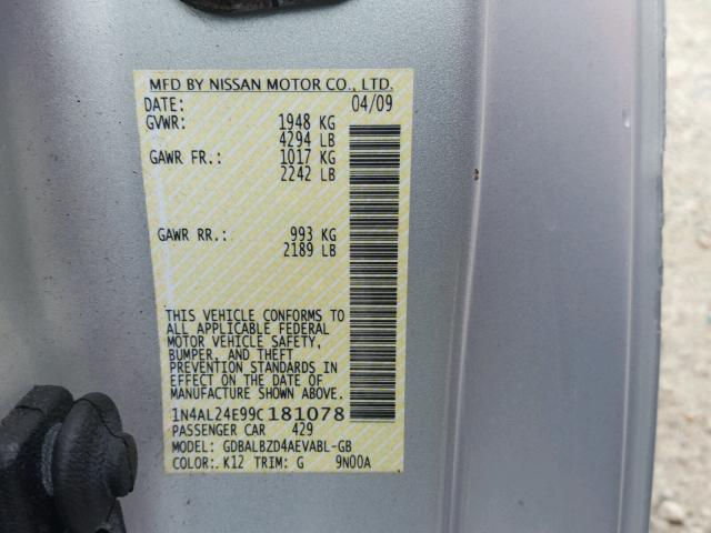 1N4AL24E99C181078 - 2009 NISSAN ALTIMA 2.5 SILVER photo 10