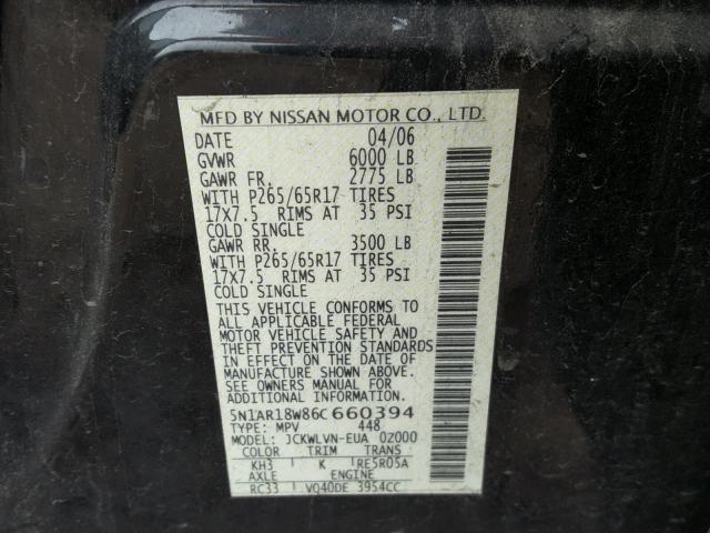 5N1AR18W86C660394 - 2006 NISSAN PATHFINDER BLACK photo 10