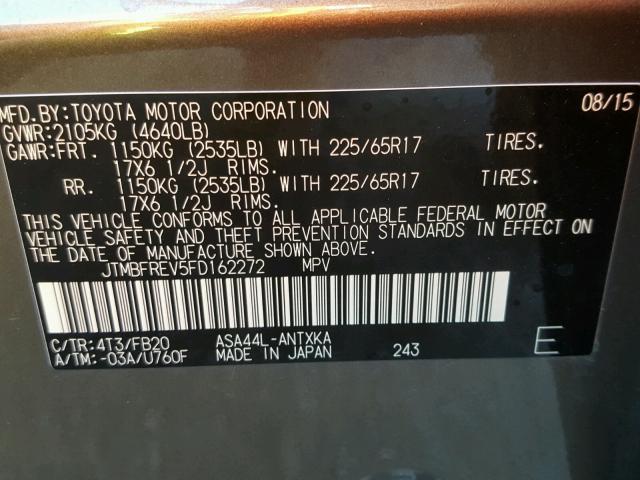 JTMBFREV5FD162272 - 2015 TOYOTA RAV4 LE Gümüş foto 10